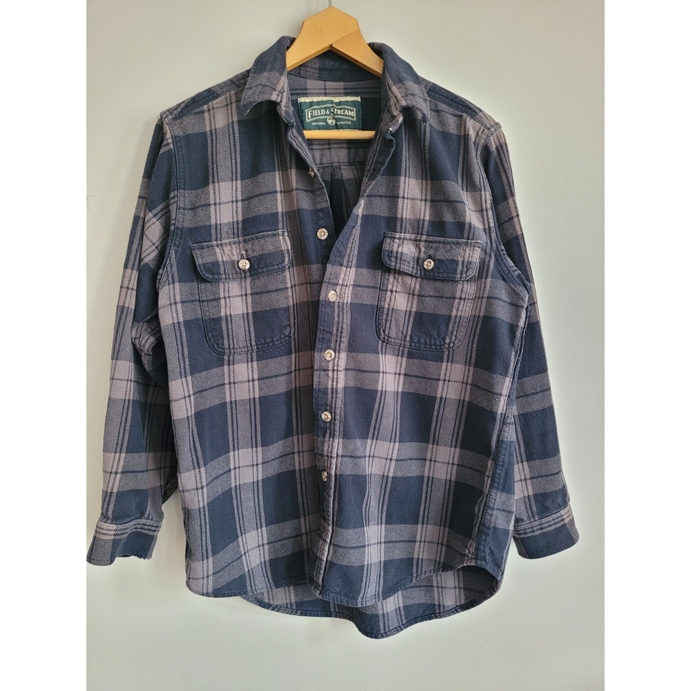 VTG‎ Field & Stream Heavy Flannel Black Beige Mens Plaid Shirt Sz M Lumberjack